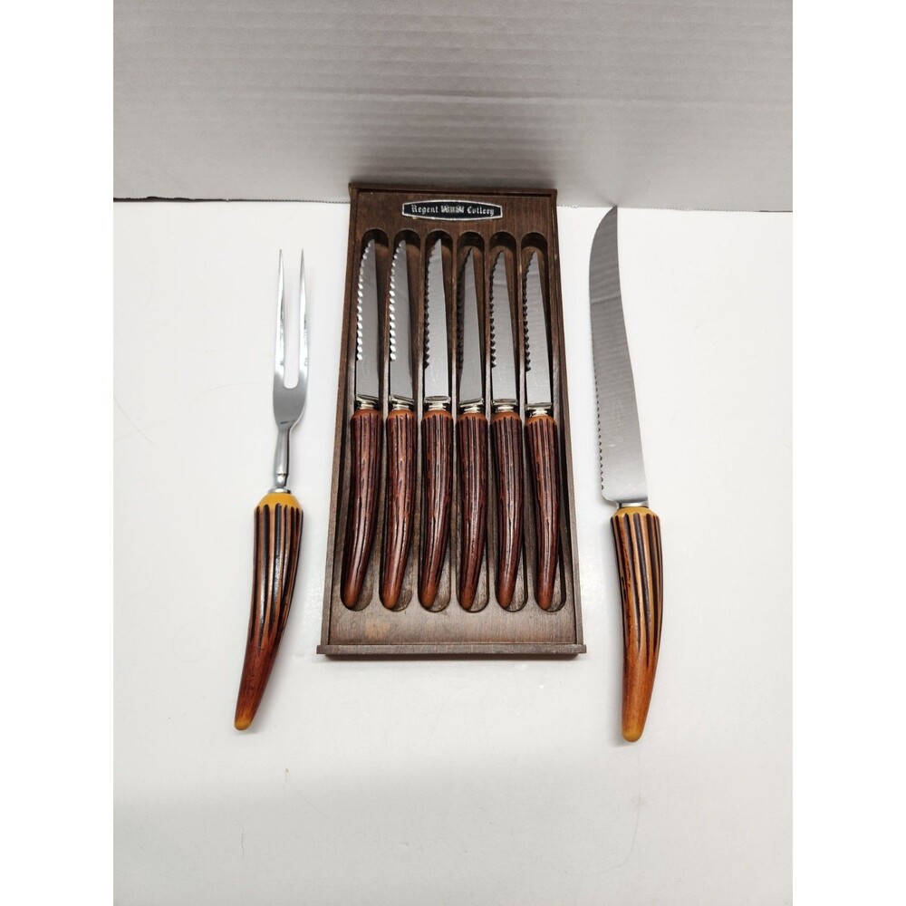 Vintage Regent Sheffield Steak Knife Carving Set Faux Antler Bakelite 8pc